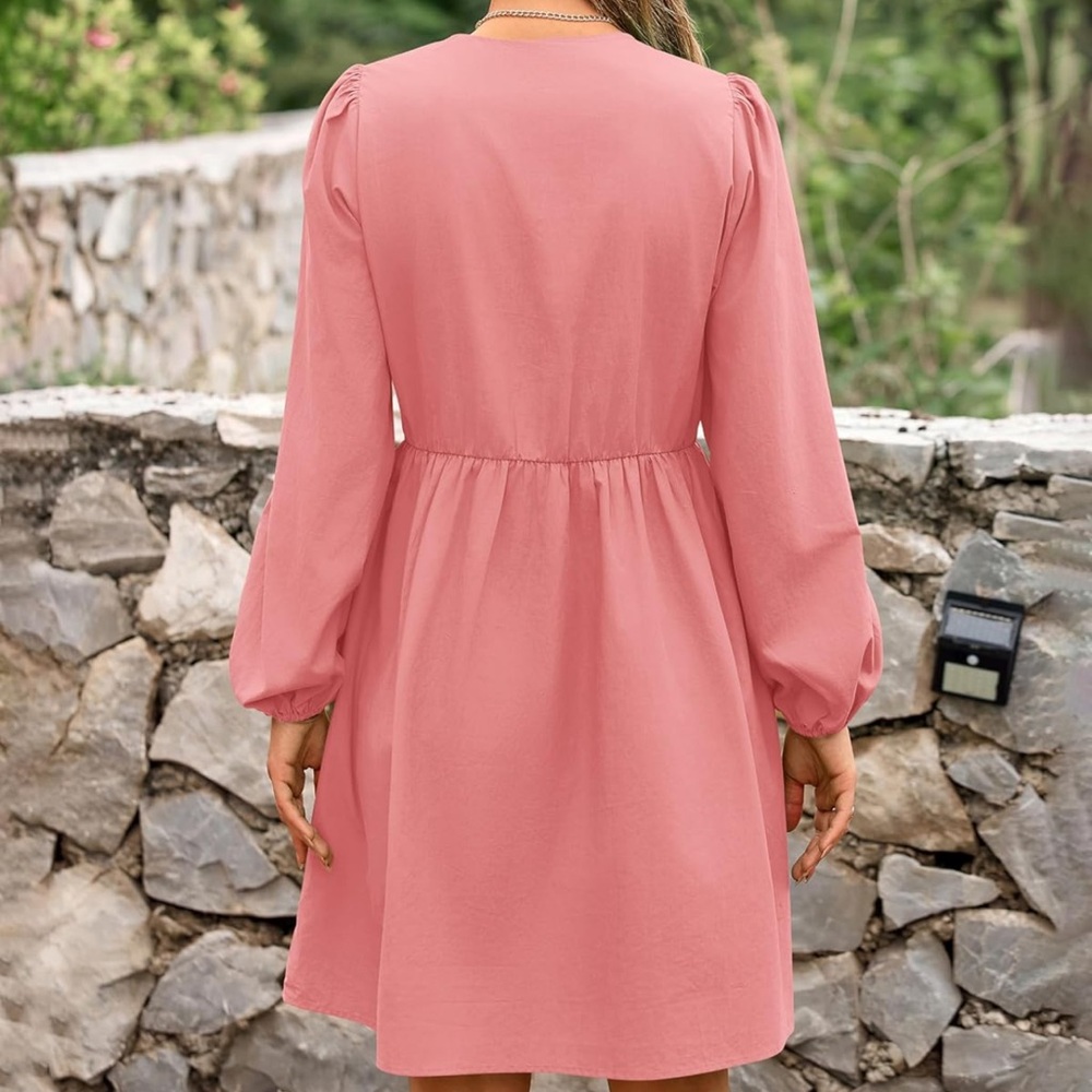 Pink Cotton bow front long sleeve mini dress,puff sleeve, spring, preppy - Picture 3 of 7